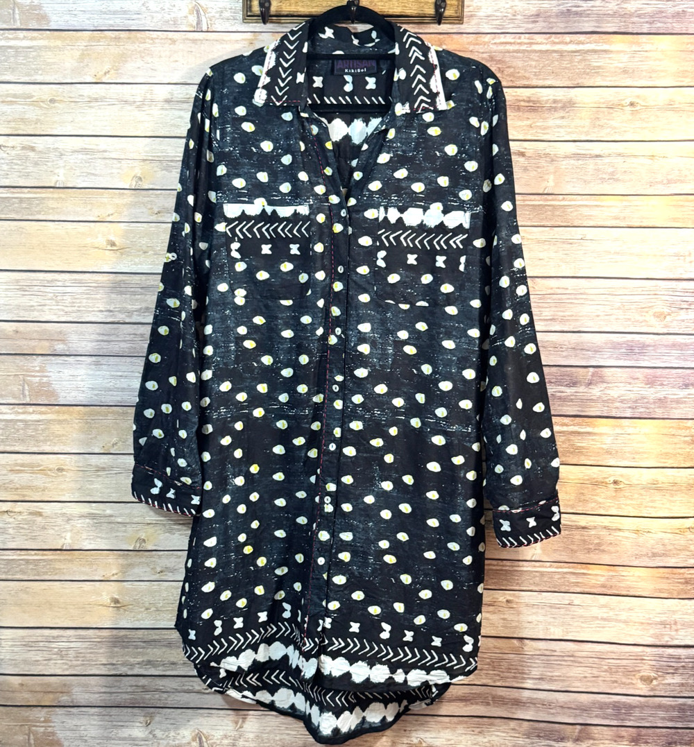 Artisan By Kikisol Womens Black Cream Spotted Button Up Boho Artsy Tunic Blouse